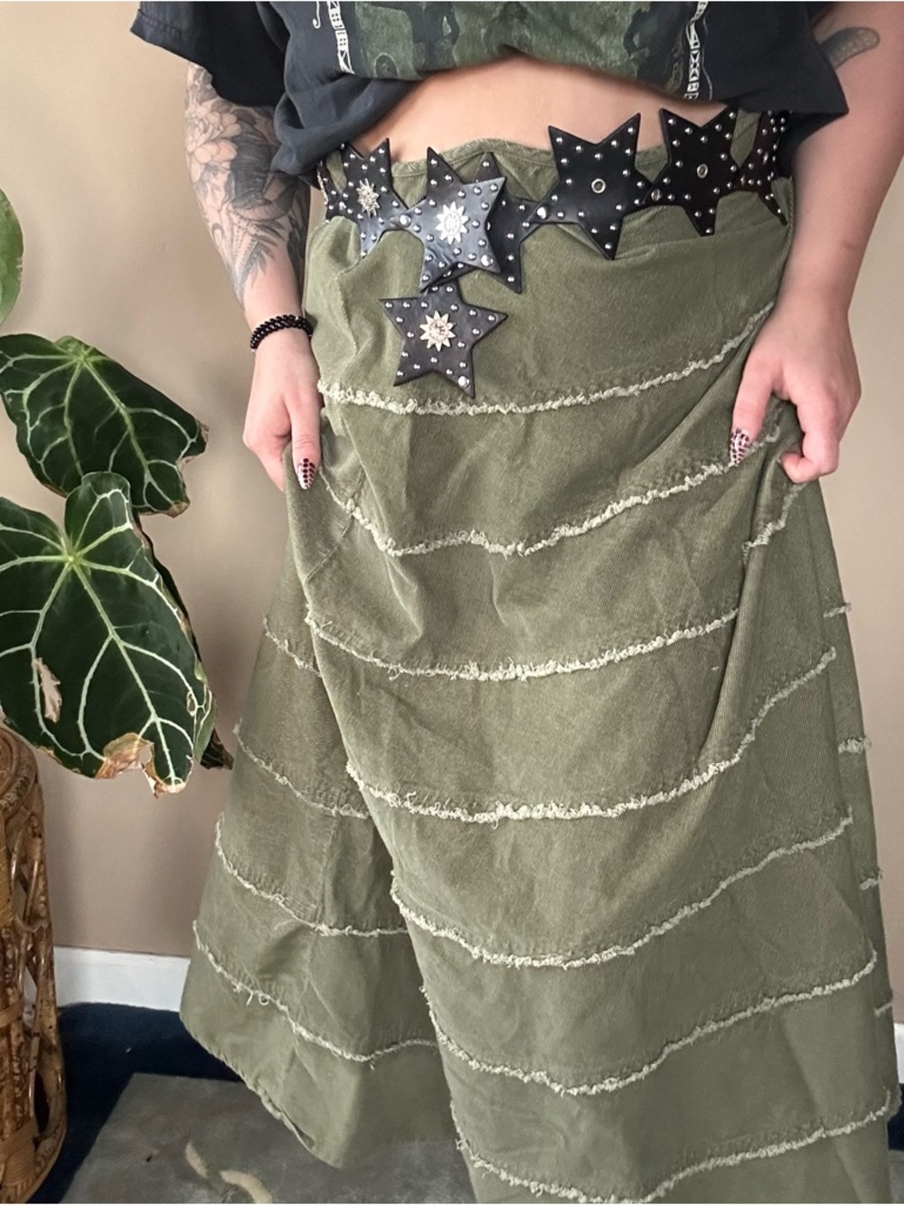 Olive Green corduroy tiered Maxi Skirt